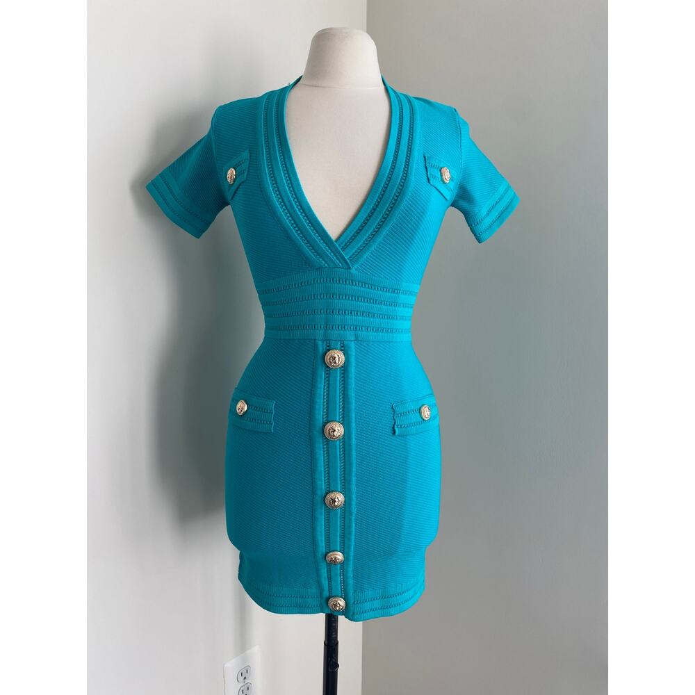 Turquoise V-Neck Button Front Knit Dress